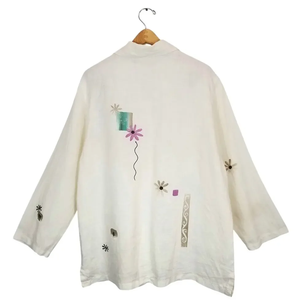 Play Alegre Hand Painted Linen Art To Wear Skirt Jacket Set Cream Size M/L